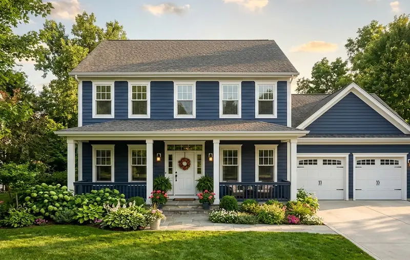 Exterior house color palette example showing 60-30-10 rule with greige body, white trim, navy door