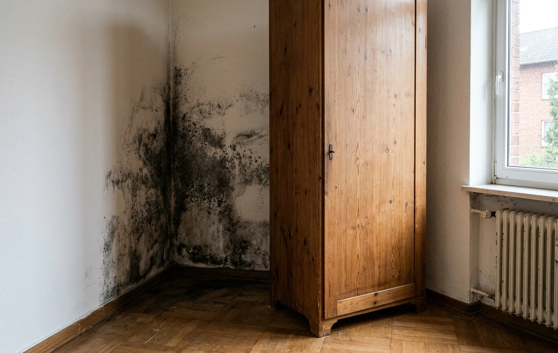 Außenecke eines Altbau-Schlafzimmers mit großflächigem dunkelgrauem Schimmel an beiden Wänden bis zur Fußleiste, daneben ein von der Wand abgerückter Holzschrank, rechts Fenster mit Heizkörper und Fischgrätparkett