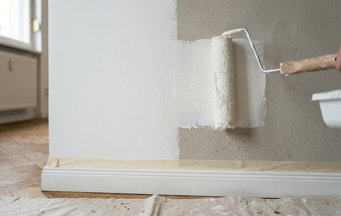 Farbroller trägt eine stumpfmatte weiße Silikatfarbe auf einen grau-beigen mineralischen Innenputz auf; links ist die Wand bereits weiß gestrichen, rechts noch unbeschichtet, die Sockelleiste ist abgeklebt