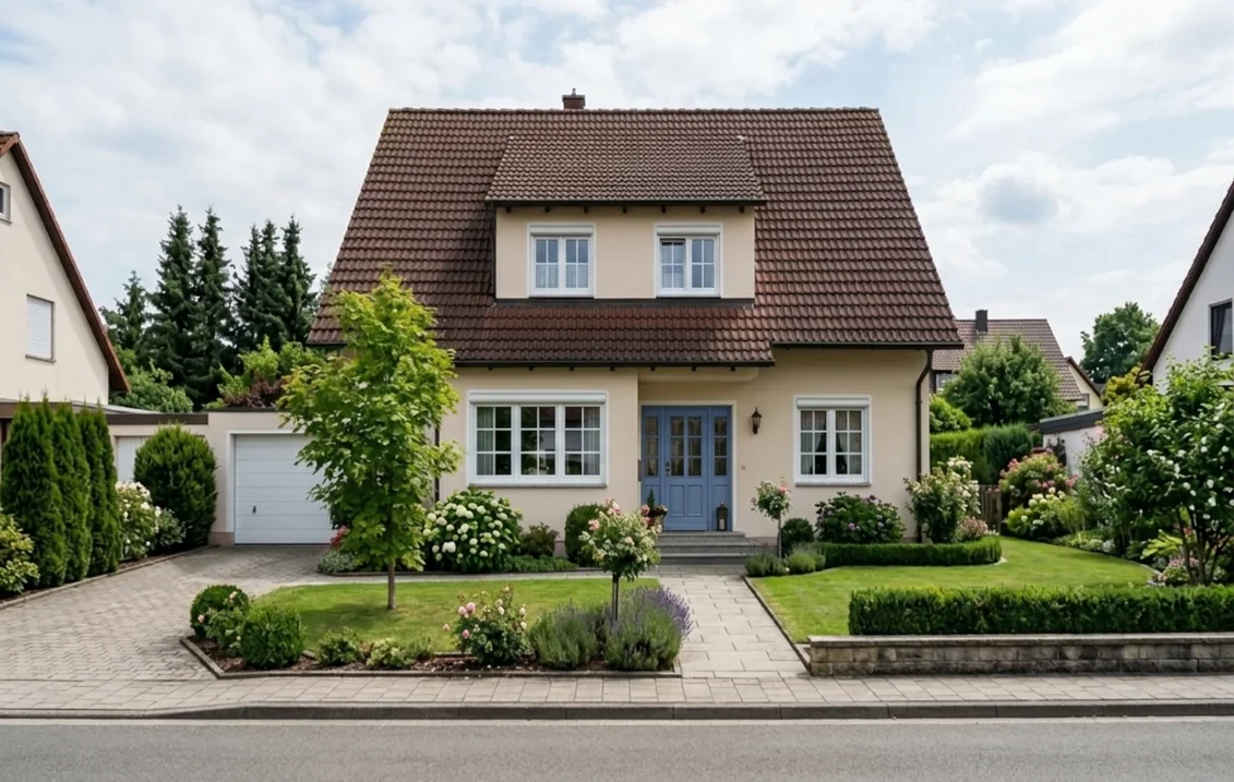 Einfamilienhaus mit hellem Putz und braunem Ziegeldach, dessen Holzhaustür mit Sprossenfenstern und Seitenteilen in Taubenblau RAL 5014 gestrichen ist; Fenster, Garage und Vorgarten unverändert