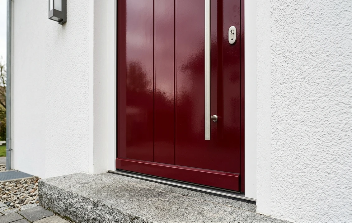 Hochglänzende Aluminium-Haustür in Rubinrot RAL 3003 mit Edelstahlgriff an einem weiß verputzten Haus