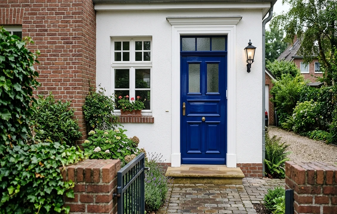 Hochglänzende Haustür in Ultramarinblau an einem weiß verputzten Haus mit Klinker und weißen Fensterrahmen