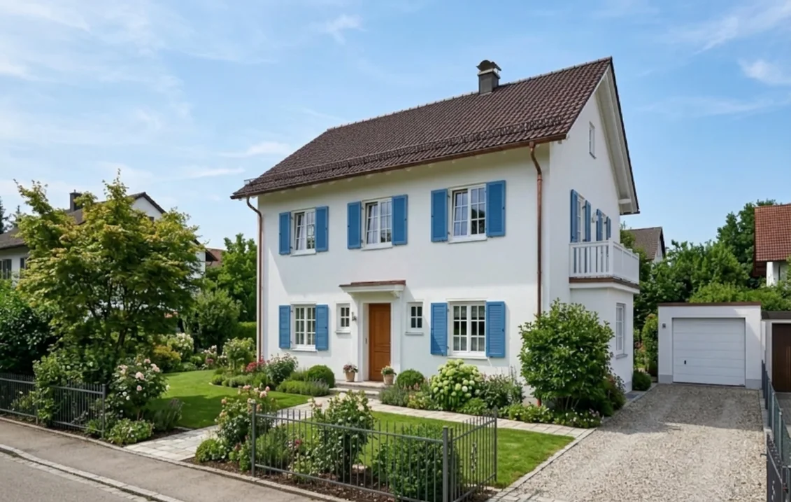 Weißes Einfamilienhaus mit Satteldach, dessen Klappläden an allen Fenstern in Himmelblau RAL 5015 gestrichen sind, Holzhaustür und Garage unverändert