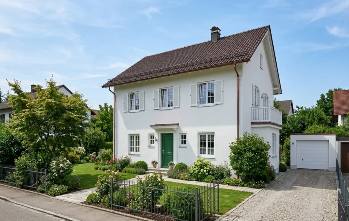 Weißes Einfamilienhaus mit Satteldach, dessen Holzhaustür in Smaragdgrün RAL 6001 gestrichen ist; weiße Fensterläden, Fenster, Putz, Ziegeldach und Garage unverändert