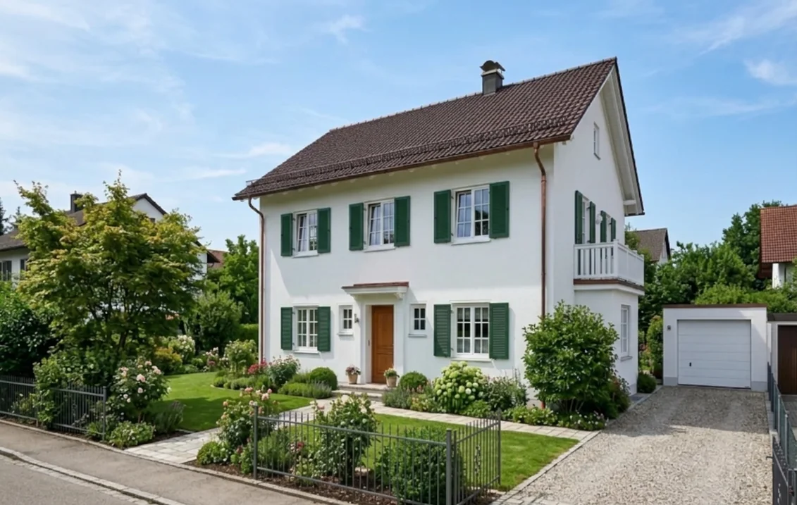Weiß verputztes Einfamilienhaus mit braunem Ziegeldach, dessen Klappläden an allen Fenstern in Moosgrün RAL 6005 gestrichen sind, dazu Holzhaustür, weiße Sprossenfenster, Garage und Vorgarten mit Metallzaun