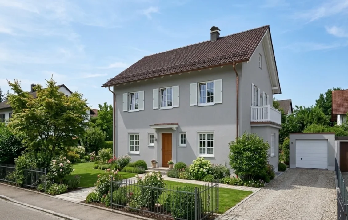 Zweigeschossiges Einfamilienhaus mit Satteldach, dessen Putzfassade in Signalgrau RAL 7004 gestrichen ist; weiße Fensterläden und Fenster, Holzhaustür, Ziegeldach und weißes Garagentor unverändert