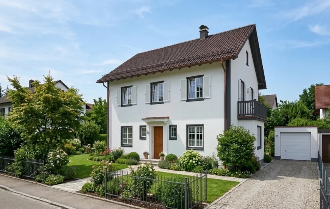 Weißes Einfamilienhaus mit braunem Ziegeldach, dessen Fensterrahmen, Eckleisten und Balkongeländer in Schwarzgrau RAL 7021 gehalten sind, mit hellen Fensterläden, Holzhaustür und bepflanztem Vorgarten