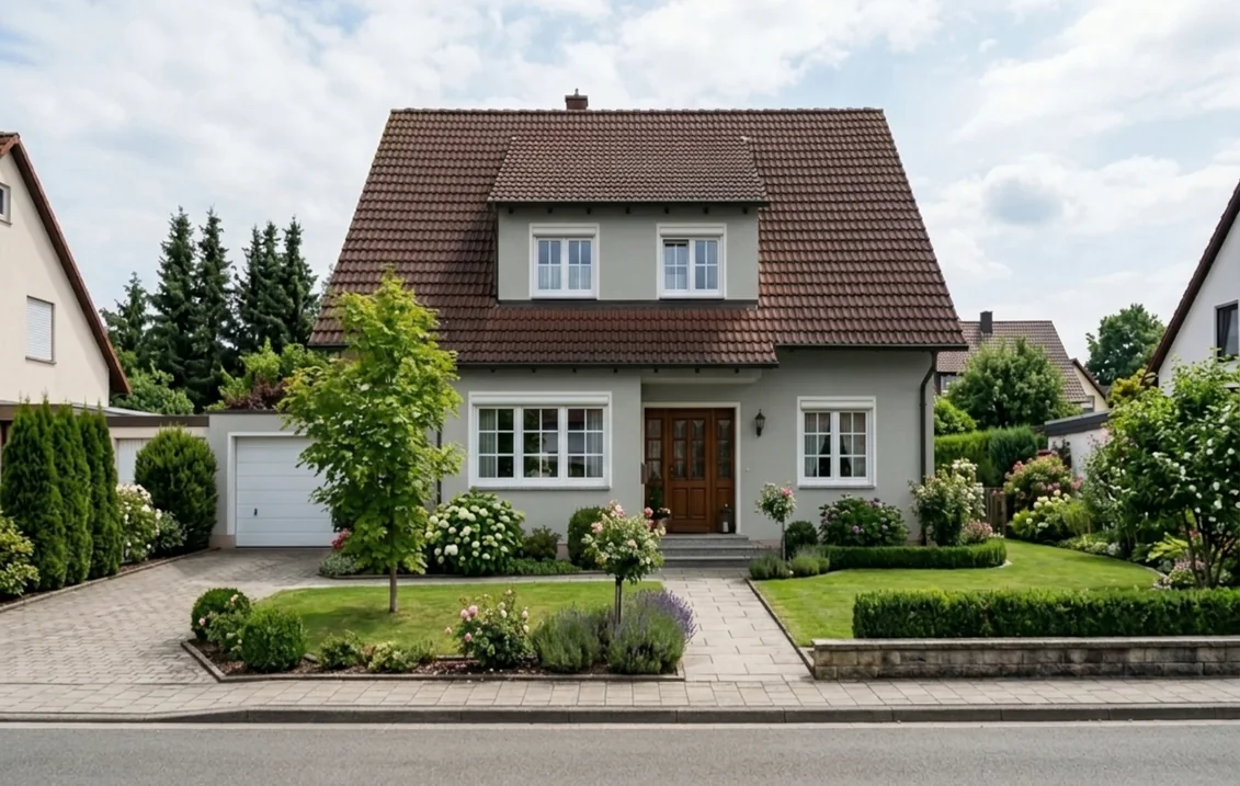 Einfamilienhaus mit braunem Ziegeldach und Gaube, dessen Putzfassade in Achatgrau RAL 7038 gestrichen ist, mit weißen Sprossenfenstern, Holzhaustür, weißem Garagentor und gepflegtem Vorgarten