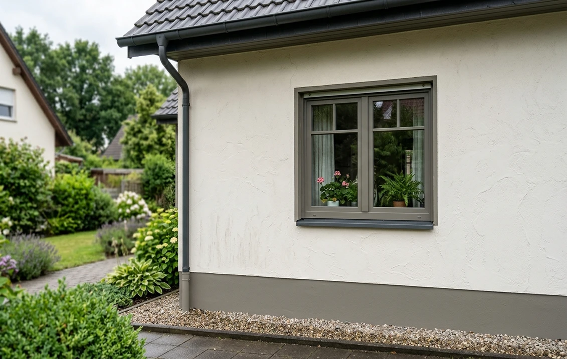 Helle Putzfassade mit Fensterrahmen und Sockelstreifen in Quarzgrau RAL 7039 unter einem anthrazitfarbenen Ziegeldach