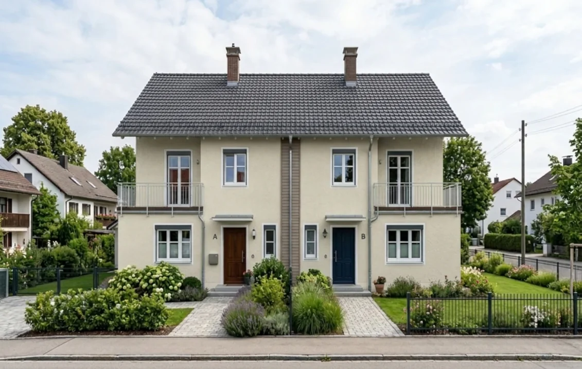 Doppelhaus mit zwei Eingängen, dessen Putzfassade in Cremeweiß RAL 9001 gestrichen ist, graues Ziegeldach, weiße Fenster, Holzhaustür und blaue Haustür, Vorgärten mit Hecken