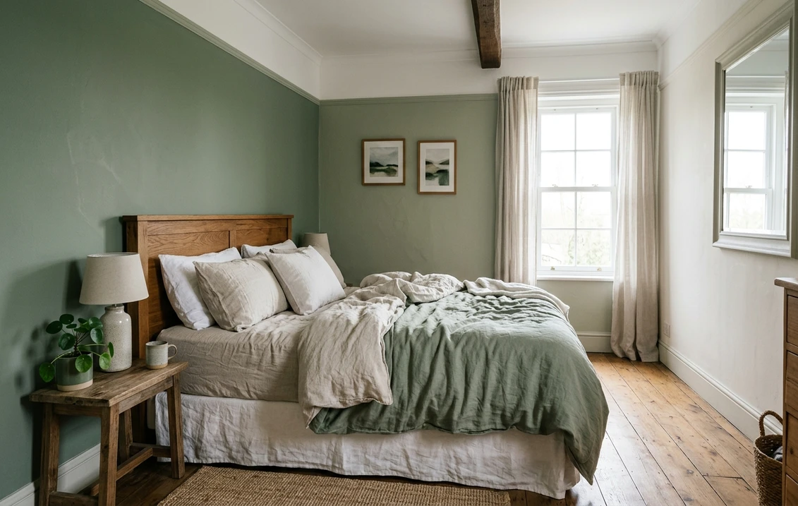 Ruhiges Schlafzimmer mit einer salbeigrünen Wand hinter dem Bett, weißer Decke und Leinenbettwäsche