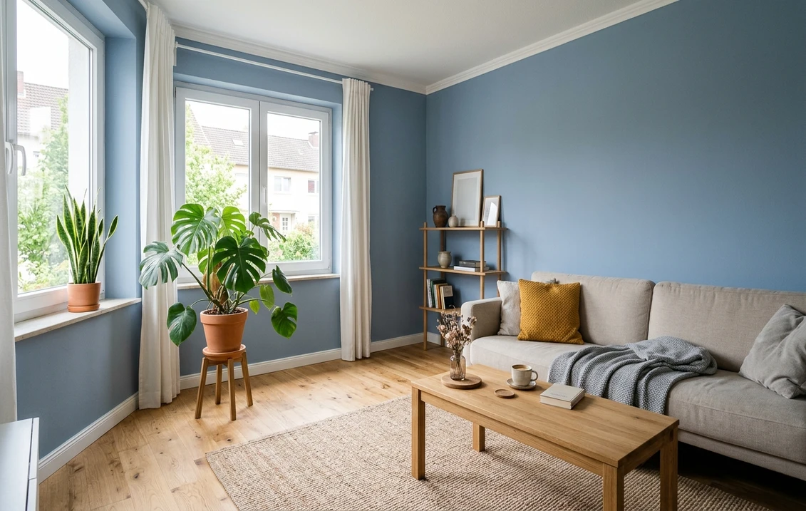 Helles Wohnzimmer mit Wänden in einem gedämpften, leicht vergrauten Mittelblau nahe der Trendfarbe Denim, hellem Stoffsofa mit senfgelbem Kissen, Eichen-Couchtisch, Juteteppich, weißer Decke und weißen Sockelleisten