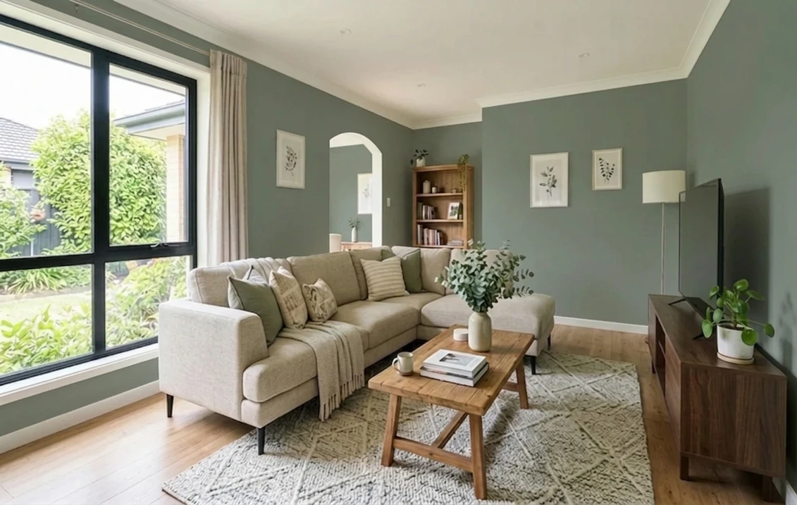 Helles Wohnzimmer mit Wänden in einem gedämpften Graugrün nahe Ausgeglichenes Piniengrün, beigem Ecksofa, Holzcouchtisch, weißer Decke und weißen Sockelleisten