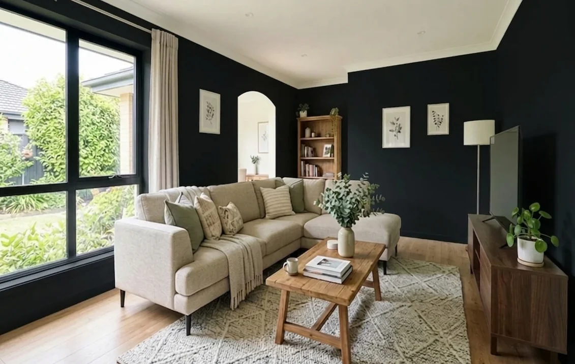 Wohnzimmer mit tiefschwarz gestrichenen Wänden, weißer Decke, beigem Ecksofa, Holzcouchtisch, gemustertem Teppich, Bücherregal und großem schwarz gerahmtem Fenster