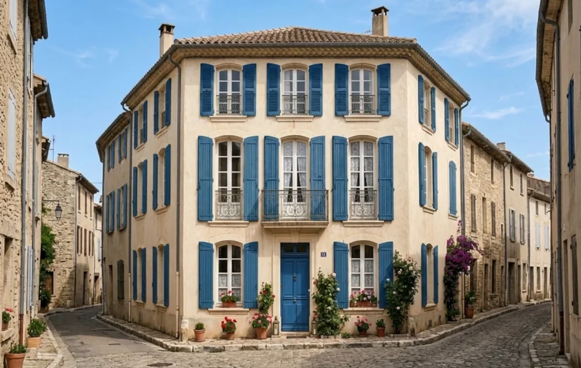 Immeuble de village à l'enduit crème dont les volets battants, auparavant vert pâle, sont repeints en bleu de sécurité RAL 5005, porte d'entrée bleue
