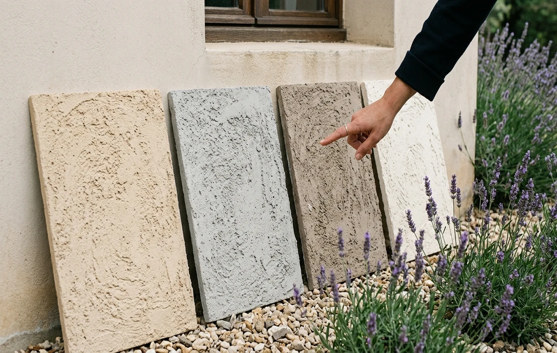 Quatre panneaux d'échantillon d'enduit gratté (sable, gris clair, taupe, blanc cassé) adossés au mur enduit d'une maison