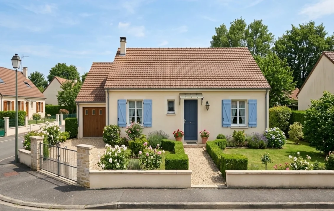 Pavillon à l'enduit crème, volets bleu clair et porte de garage en bois, dont la porte d'entrée est repeinte en bleu acier RAL 5011, plus soutenu que les volets
