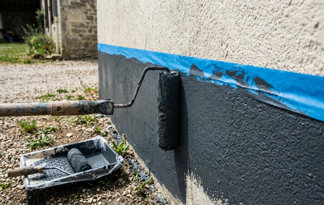 Rouleau appliquant une peinture de soubassement gris anthracite au pied d'une façade enduite claire, ligne de ruban de masquage