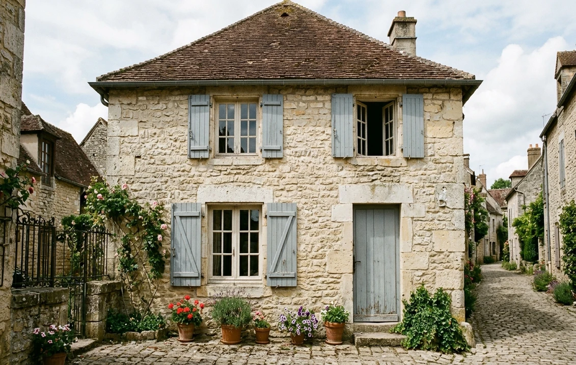 Maison de village en pierre calcaire blonde avec des volets en bois peints en gris bleu et une porte assortie