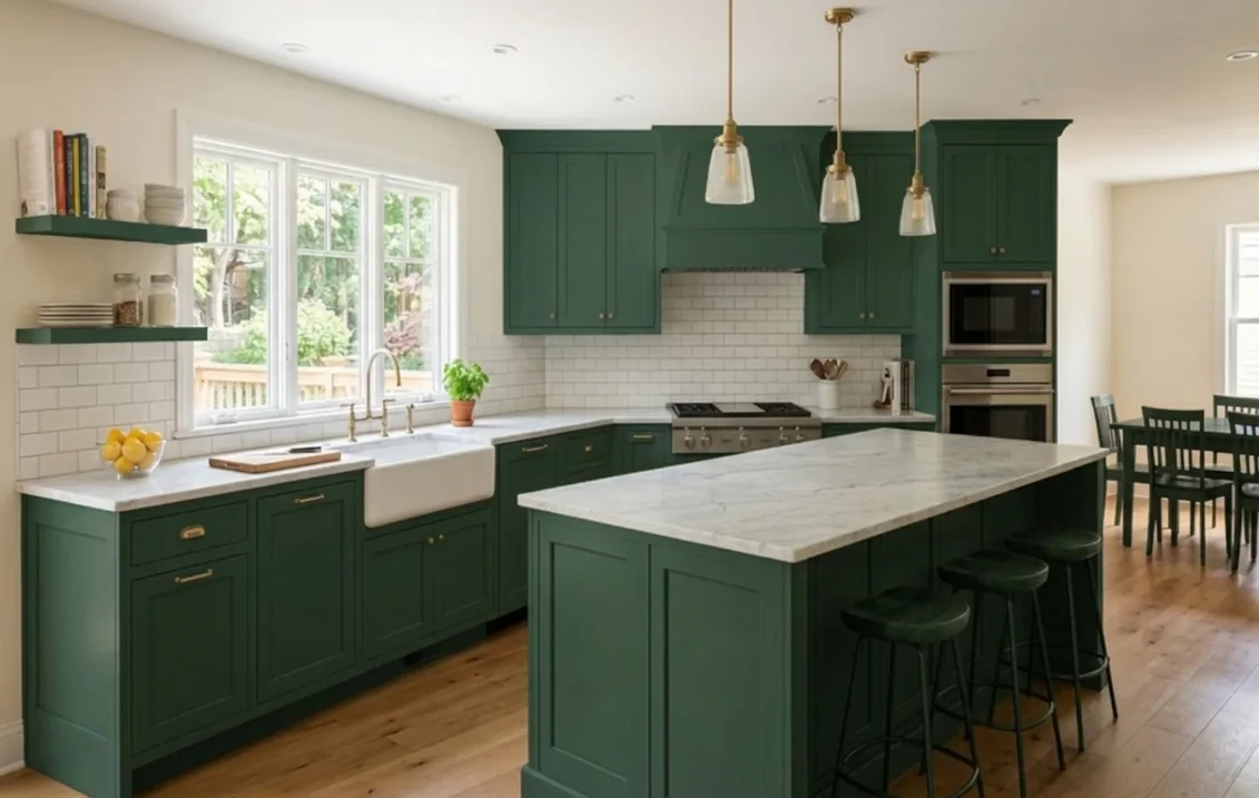 Cuisine avec îlot et plan de travail en marbre blanc dont les meubles bas, les meubles hauts et l'îlot sont peints en vert mousse RAL 6005