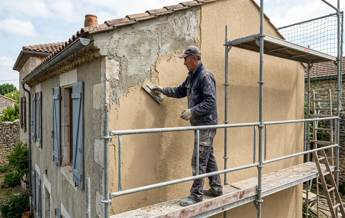 Façadier appliquant un enduit monocouche beige à la taloche sur un mur extérieur depuis un échafaudage