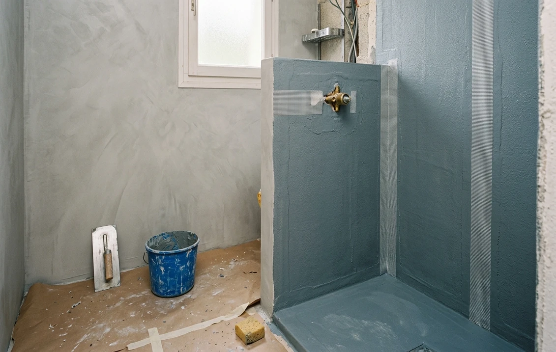 Douche en cours de rénovation : parois couvertes d'une membrane d'étanchéité liquide gris-bleu avec bandes de renfort blanches dans les angles et autour de la robinetterie, mur voisin déjà fini en béton ciré gris clair, lisseuse inox et seau posés sur un papier de protection