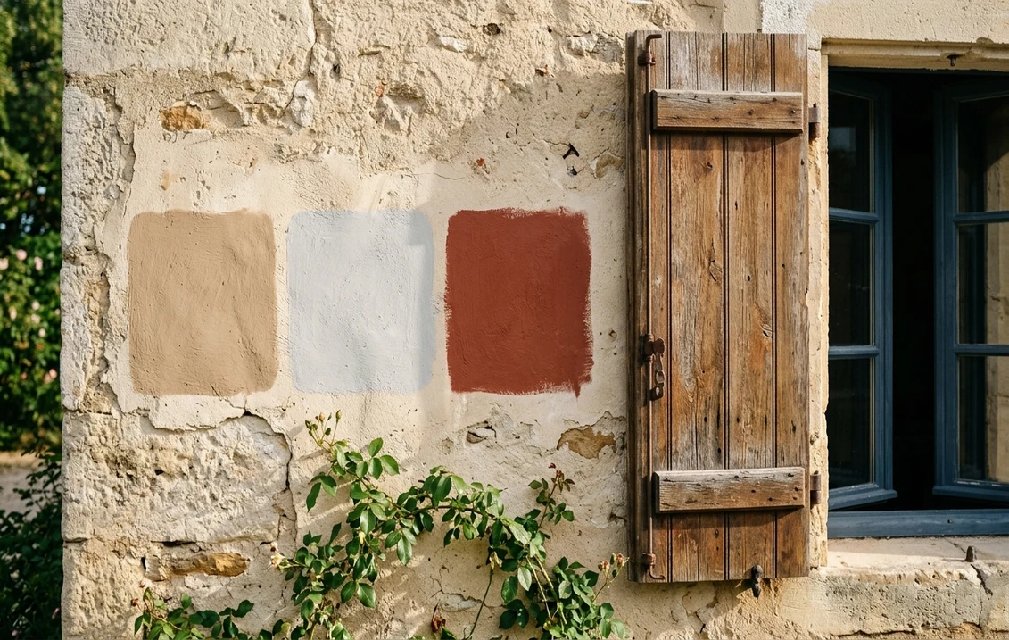 Trois carrés d'essai beige sable, gris perle et terracotta peints côte à côte sur un mur de façade près d'un volet bois