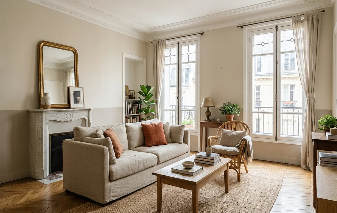 Salon d'appartement parisien aux murs blanc beige au-dessus d'un soubassement greige plus soutenu, cheminée en marbre blanc, moulures blanches, parquet en point de Hongrie, canapé en lin et coussins terracotta
