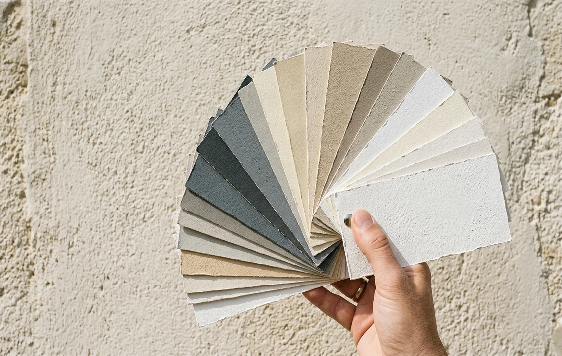 Éventail de teintes de façade en gris, beiges et blancs tenu contre un mur fraîchement enduit d'une maison française