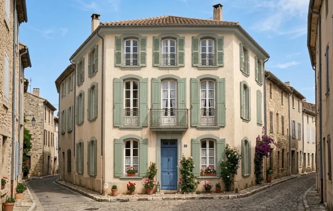 Maison de ville à l'enduit crème dont les encadrements de fenêtres et de porte, les appuis et la corniche sont repeints en gris silex RAL 7032, avec volets vert pâle, fenêtres blanches et porte bleue