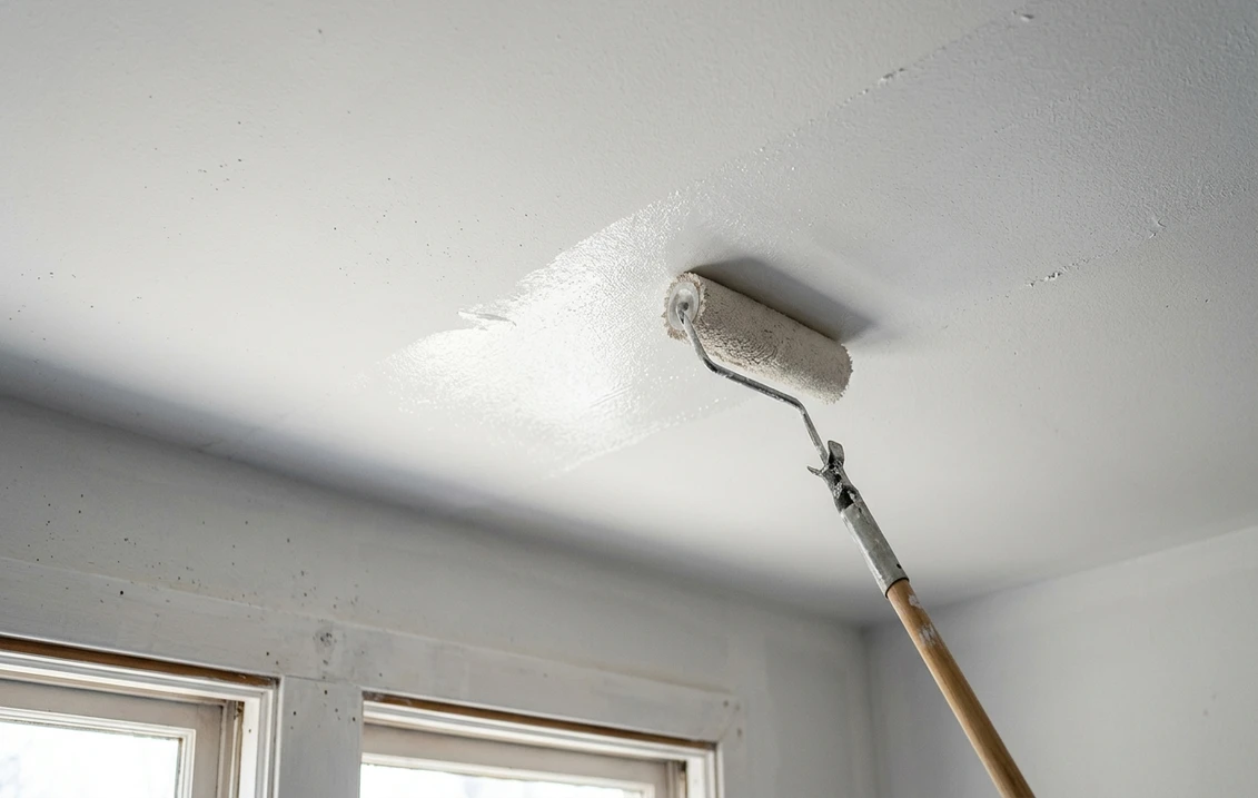 Rouleau sur perche appliquant une peinture blanc mat au plafond, bande fraîche rejoignant la bande précédente