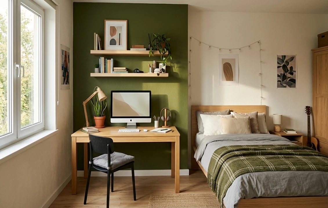 Chambre d adolescent avec un mur vert olive derrière le bureau et des murs blanc cassé