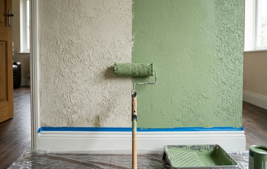 Mur intérieur crépi repeint à moitié en vert sauge mat au rouleau à poils longs, l'autre moitié encore blanc cassé, relief visible en lumière rasante