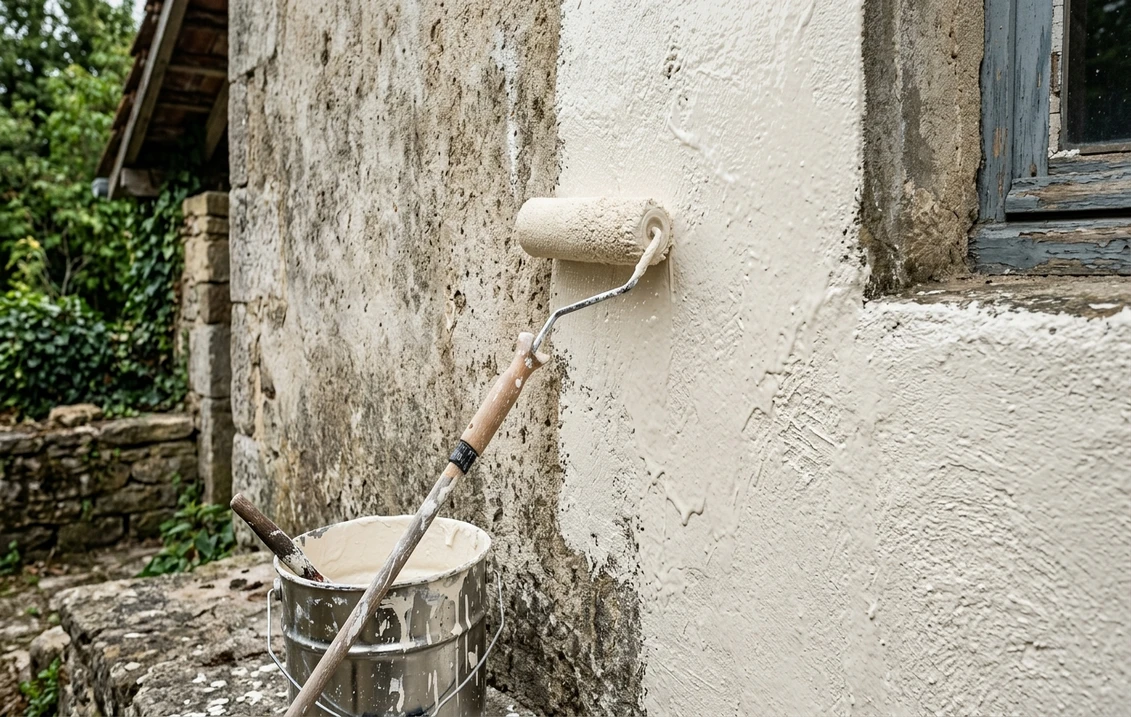 Rouleau appliquant une peinture de façade blanc cassé épaisse sur un ancien enduit, moitié repeinte, moitié vieillie, seau au pied du mur