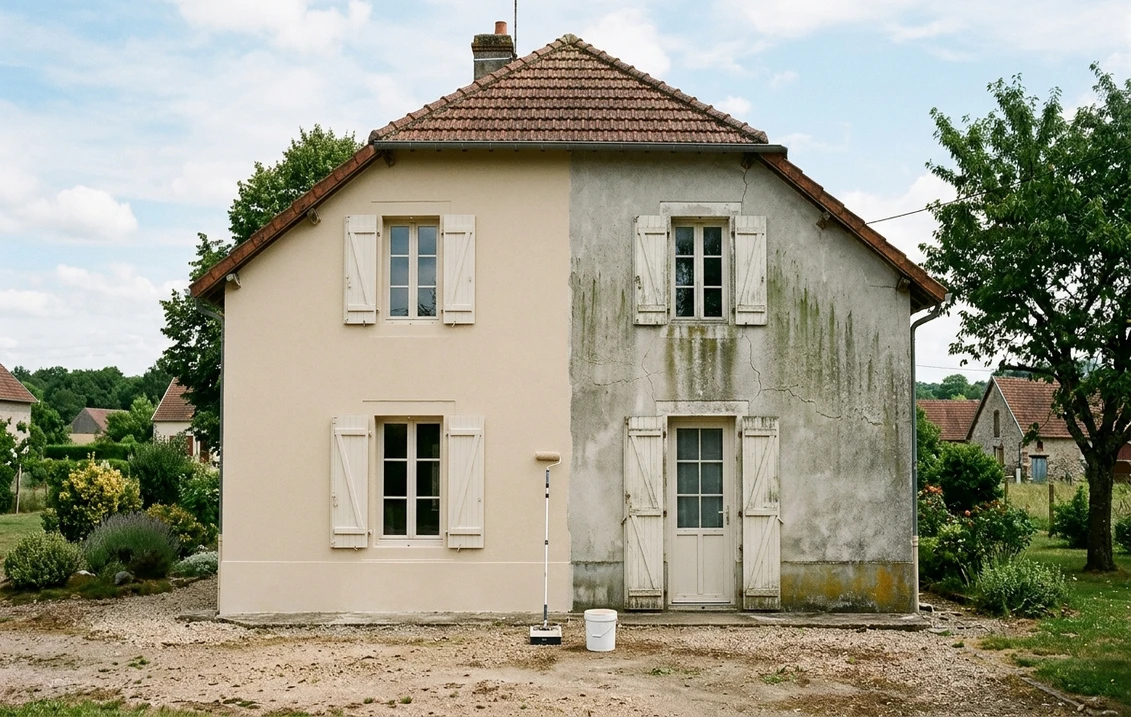 Façade d'une maison française à étage avec volets blancs : la moitié gauche repeinte en ton pierre clair mat, la moitié droite encore en vieil enduit gris taché d'algues vertes et fissuré, rouleau et seau au pied du mur