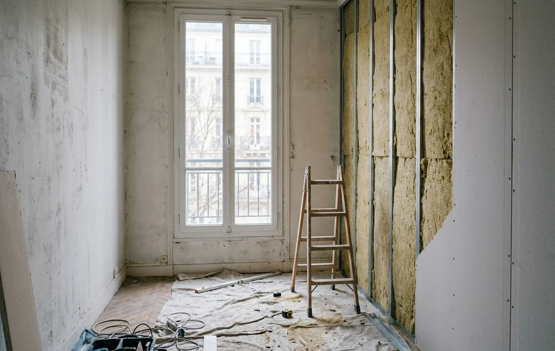Mur extérieur d'un appartement ancien en travaux : à gauche la paroi nue simplement peinte, à droite une ossature métallique garnie d'une épaisse laine minérale et une plaque de plâtre en cours de pose, près d'une haute fenêtre