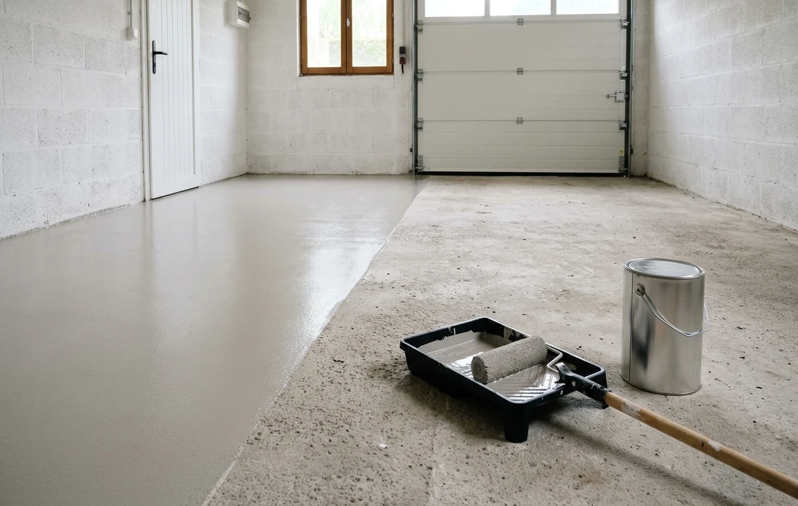 Garage de maison aux murs en parpaings peints en blanc, dalle en béton à moitié peinte en gris clair satiné, l'autre moitié encore brute et poreuse, rouleau sur perche posé dans un bac à peinture à côté d'un pot métallique