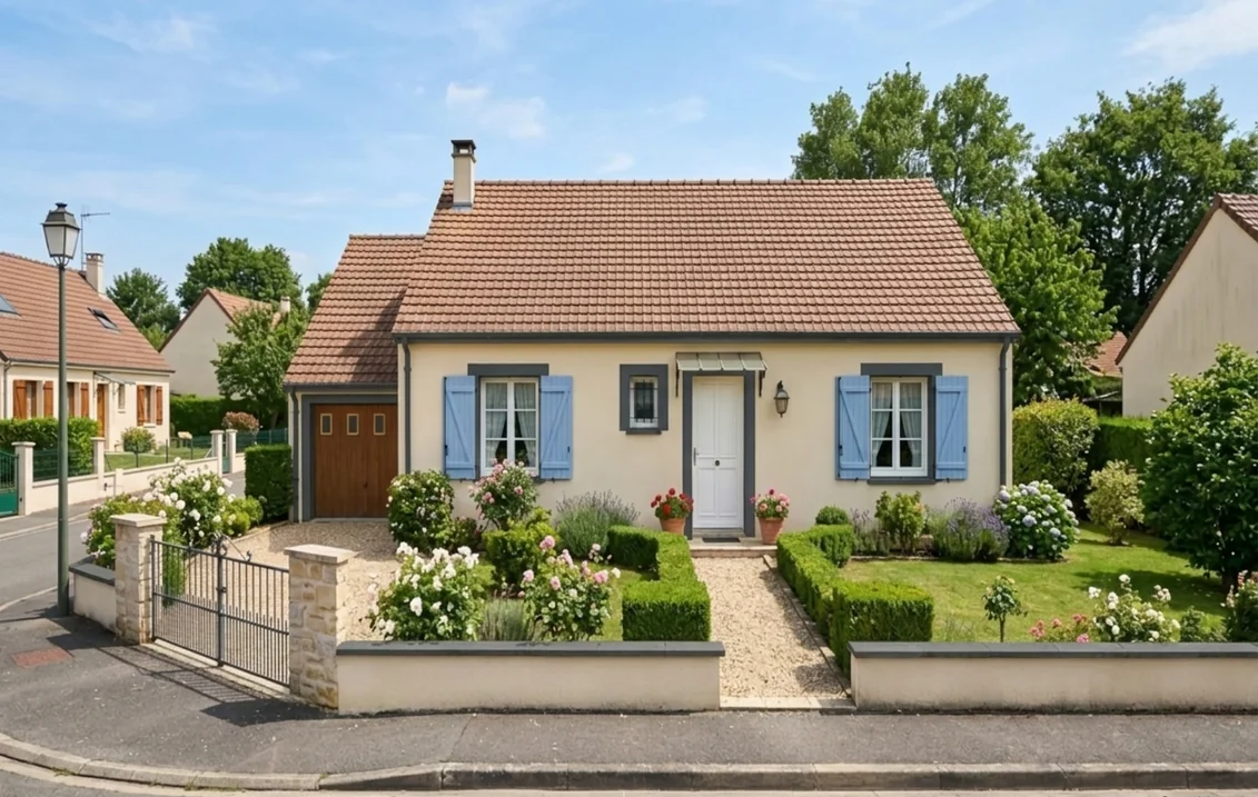 Pavillon à l'enduit crème dont les encadrements de fenêtres et de porte, les bandeaux et les descentes sont repeints en gris anthracite RAL 7016, volets bleus et porte de garage en bois