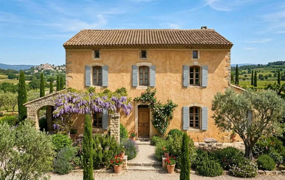 Mas provençal à l'enduit ocre dont les volets battants, auparavant bleus, sont repeints en gris clair RAL 7035