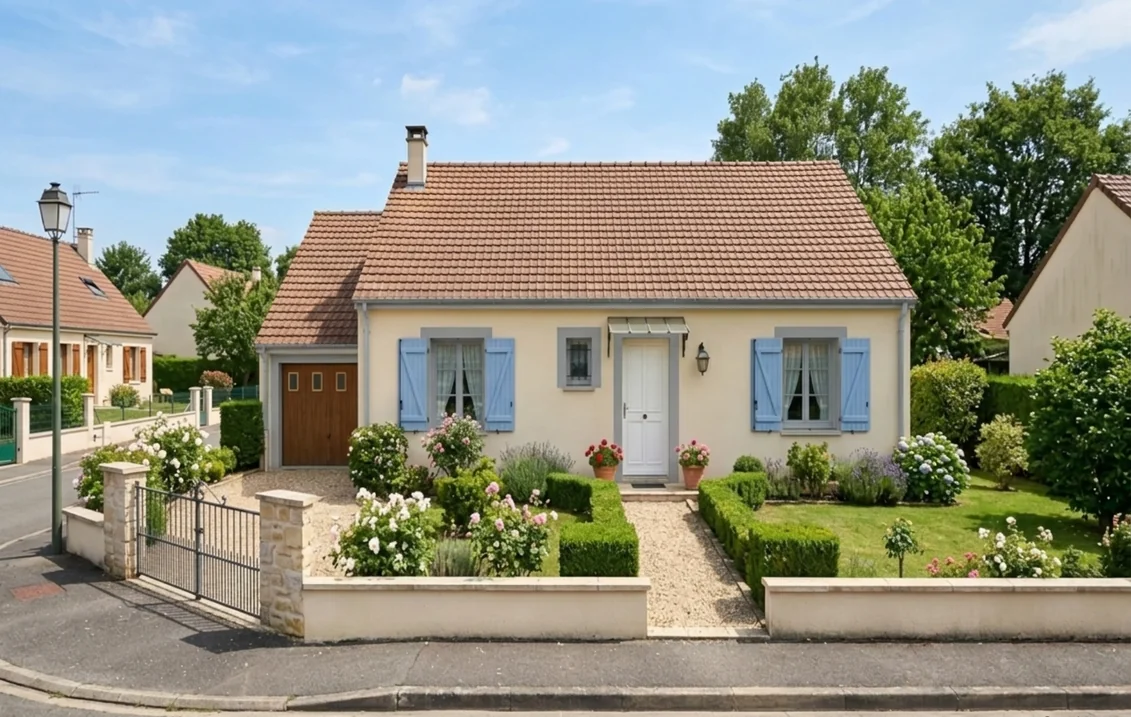 Pavillon à l'enduit crème dont les encadrements de fenêtres et de porte sont repeints en gris fenêtre RAL 7040, avec volets bleus, porte blanche et porte de garage en bois