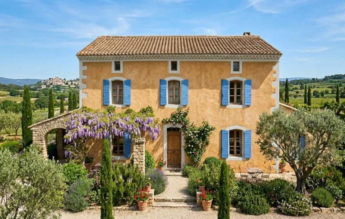 Maison provençale à l'enduit ocre dont les encadrements de fenêtres et de porte, les chaînes d'angle et la corniche sont passés en blanc gris RAL 9002, avec volets bleus et porte en bois