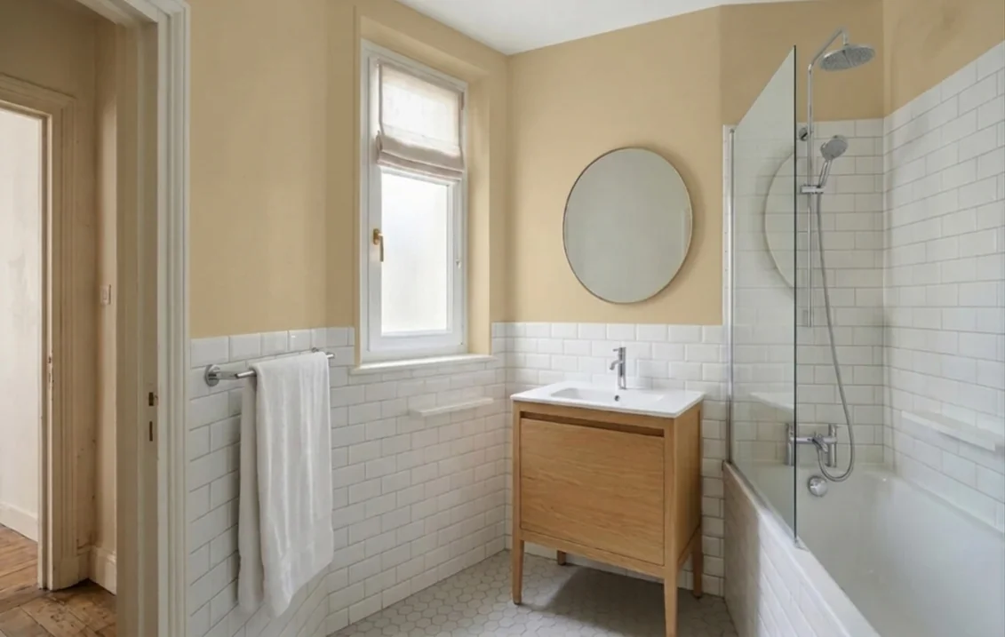 Salle de bain avec faïence métro blanche à mi-hauteur, meuble vasque en chêne clair, miroir rond et baignoire, dont les murs au-dessus de la faïence sont peints en beige RAL 1001