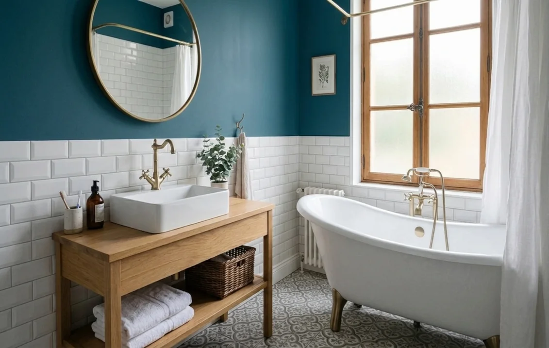 Salle de bain aux murs bleu pétrole profond au-dessus d'une faïence métro blanche, baignoire îlot blanche, meuble vasque en chêne clair, miroir rond doré et fenêtre en bois
