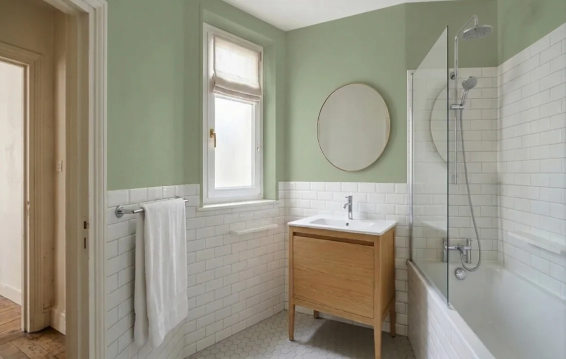 Salle de bain avec faïence métro blanche à mi-hauteur, meuble vasque en chêne et baignoire, dont les murs au-dessus de la faïence sont peints en vert pâle RAL 6021