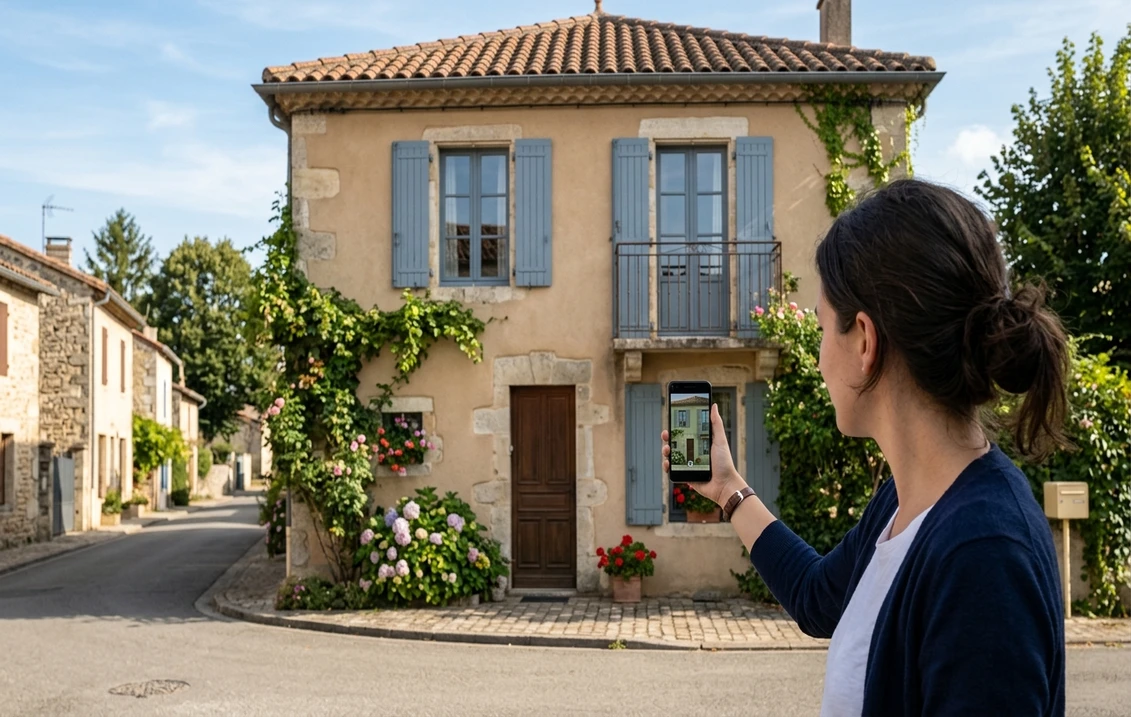 Personne tenant un smartphone devant une façade de maison, l'écran montre la même façade avec une autre couleur d'enduit