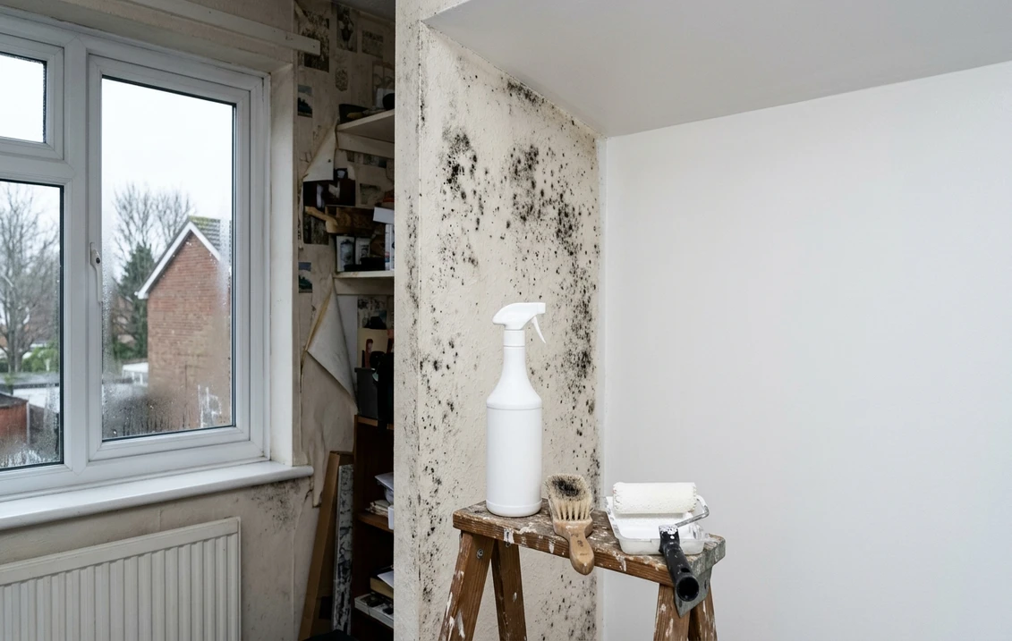 Corner of a British bedroom beside a uPVC window and a radiator, one wall still covered in black mould spots, the other cleaned and repainted bright white, with a spray bottle, a brush and a roller on a stepladder