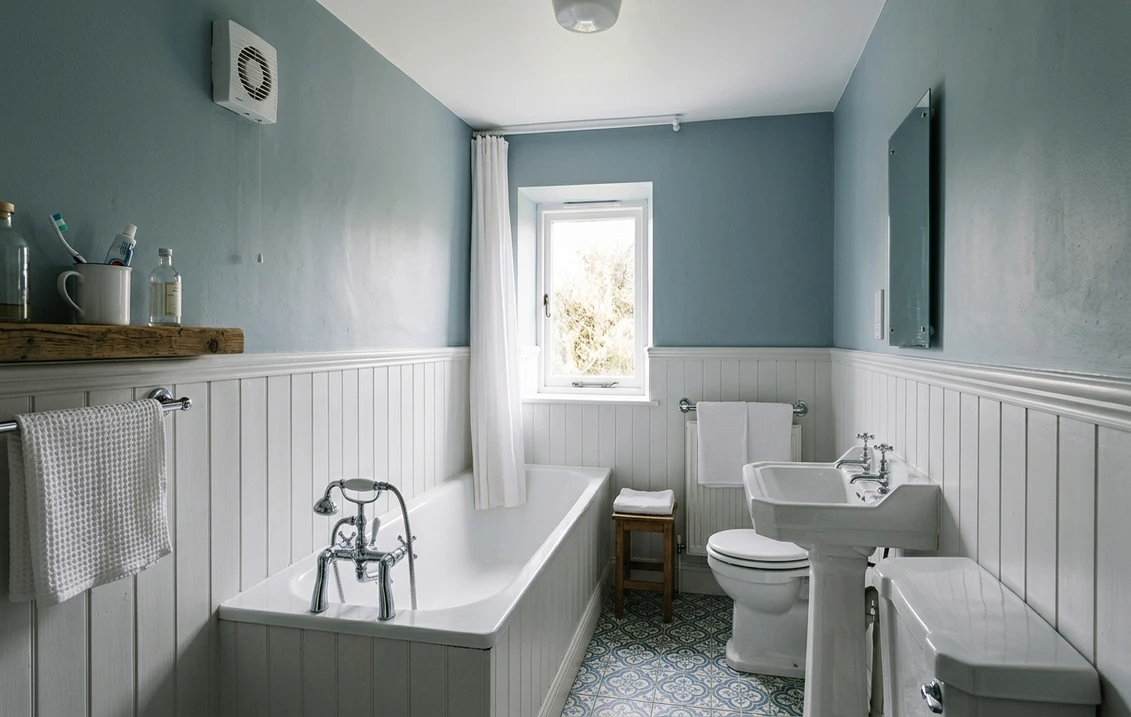 Bathroom with soft blue grey walls, white panelling and an extractor fan high on the wall