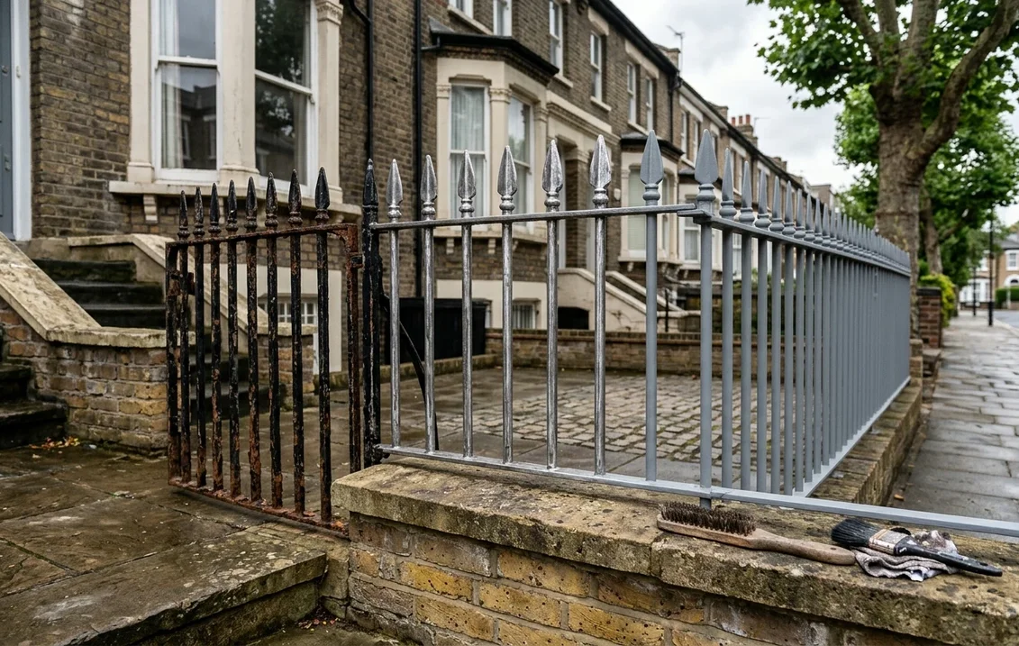 Black cast-iron spear-top railings in front of a row of Victorian houses at three stages: flaking paint and rust on the left, wire-brushed bare metal in the middle and matt grey primer on the right