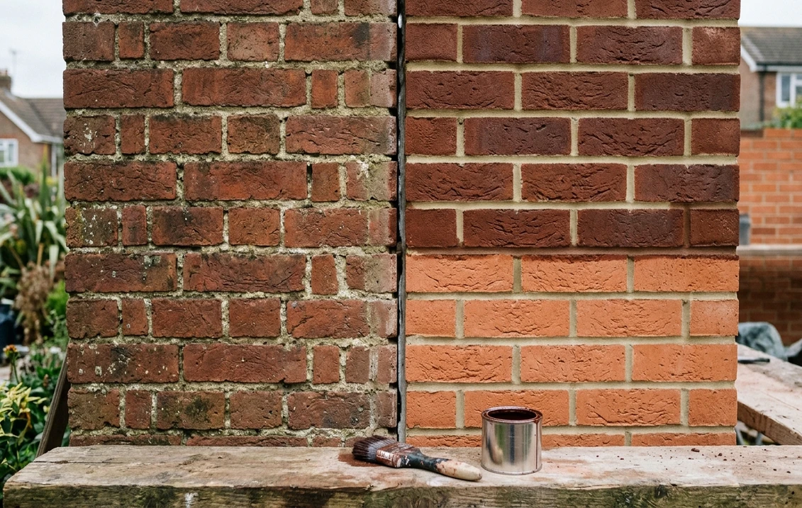 Junction between an old weathered red brick wall and a newer extension wall whose upper courses have been tinted to the same deep red-brown while the lower courses are still pale orange, with a brush and a tin of tint on a scaffold board