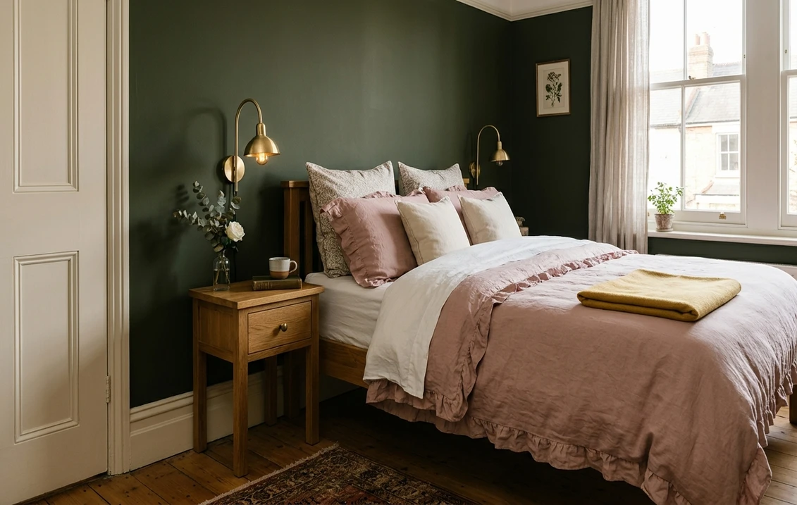 Bedroom in a British period house with a dark olive-green wall, dusty pink bed linen, an oak bedside table and brass wall lights